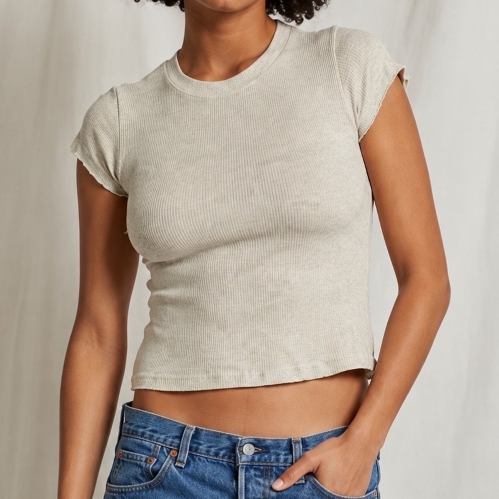 perfectwhitetee Monica Baby Tee Heather Oatmeal Ribbed Short Sleeve Crew Neck S